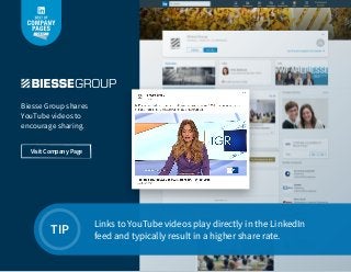 Links to YouTube videos play directly in the LinkedIn
feed and typically result in a higher share rate.
TIP
Biesse Group s...